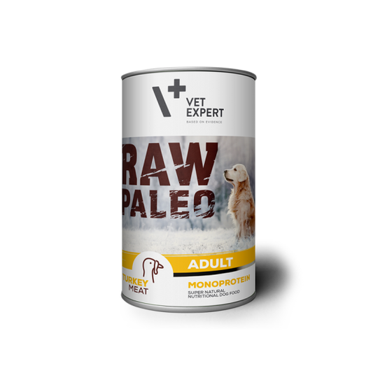 HRANA UMEDA PENTRU CAINI, RAW PALEO, ADULT, CARNE DE CURCAN, CONSERVA MONOPROTEICA, 400 G